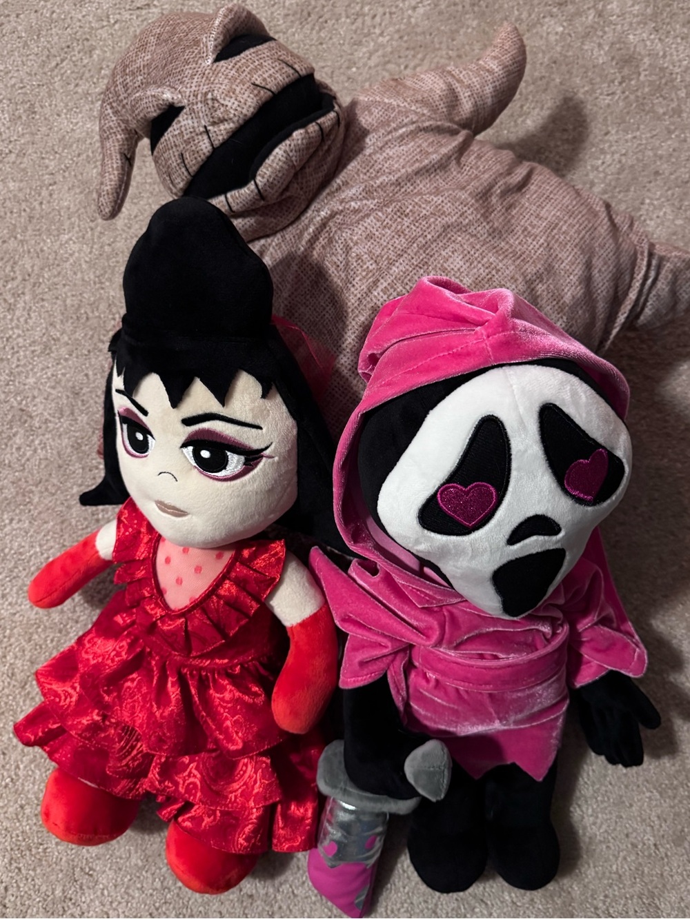 Plush Trio: Pink Hooded Scream Doll, Lydia Red Dress Doll, and Oogie Boogie 🎃